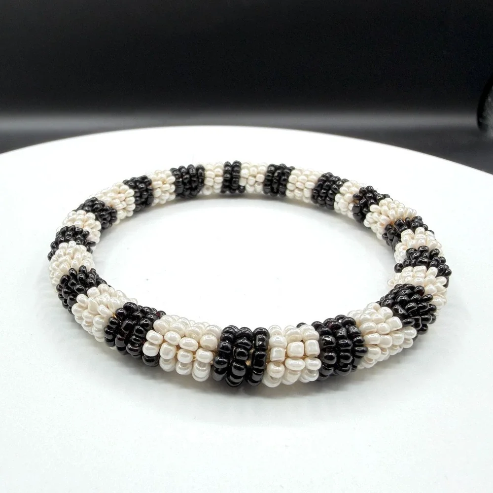 Black White Seed Bead Bangle Bracelet Boho Stretch Statement Handmade Gift Chic